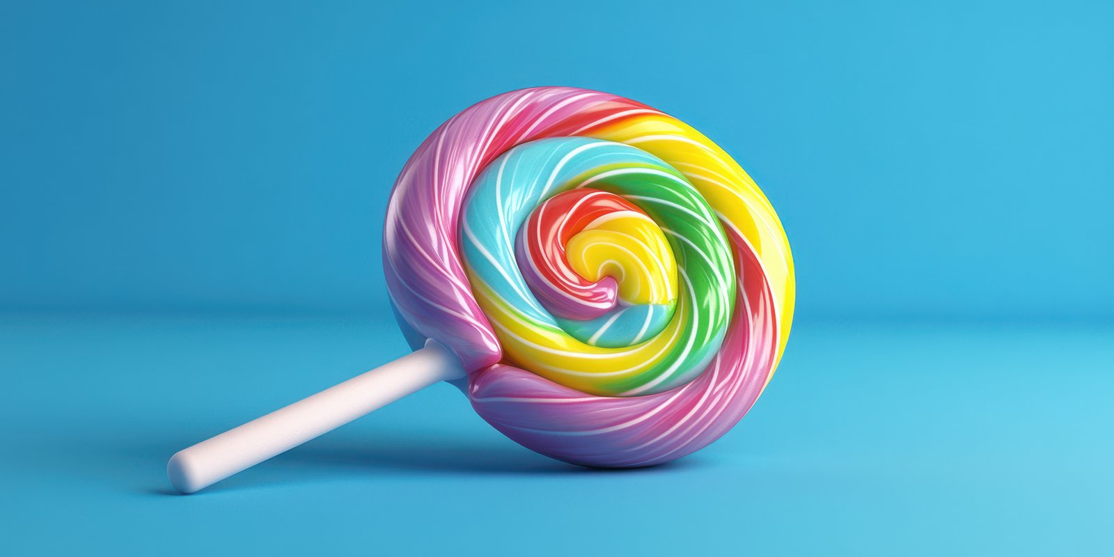 Colorful lollipop with swirls of pink, blue, yellow, and green against a bright blue background